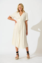 Oatmeal Linen Blend Midi Dress by Daysia
